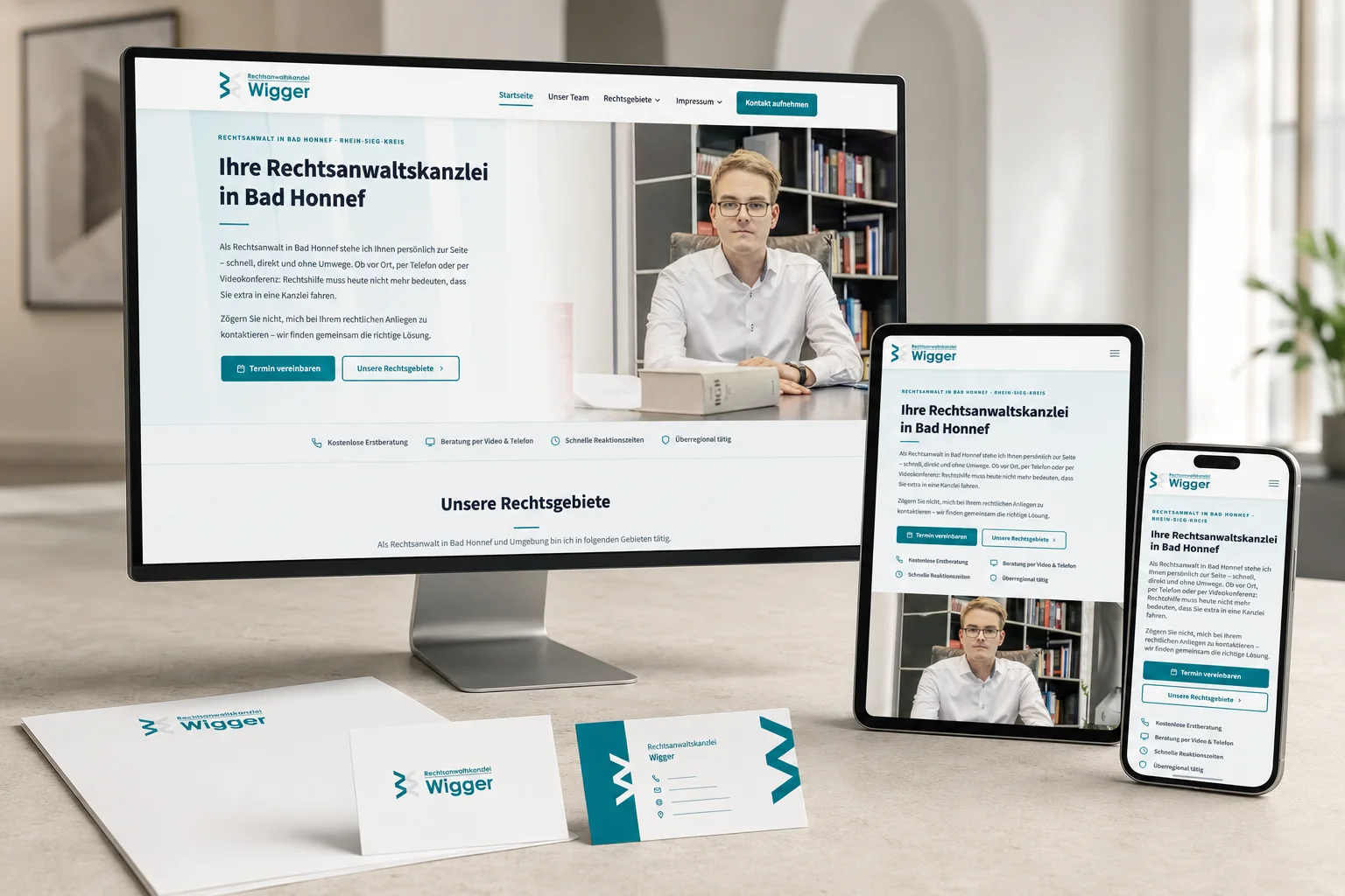 Referenz: Website einer Rechtsanwaltskanzlei aus Bad Honnef auf Monitor, Tablet und Smartphone, dazu Briefbogen und Visitenkarten